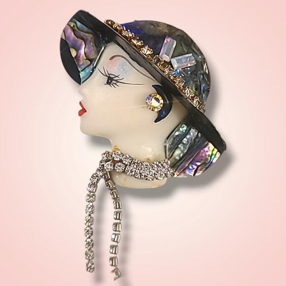 Vintage Bonetto Bisque Girl Head Rhinestone Abalone Hat Brooch Pin *Read - Picture 1 of 13